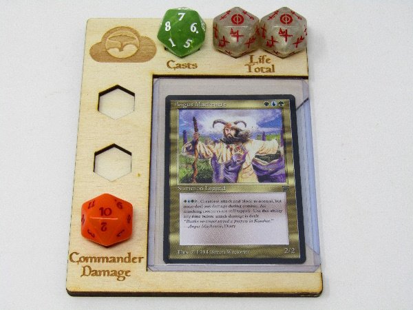 wooden command zone use example with dice and card