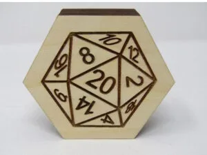 wooden hexagonal dice box front view